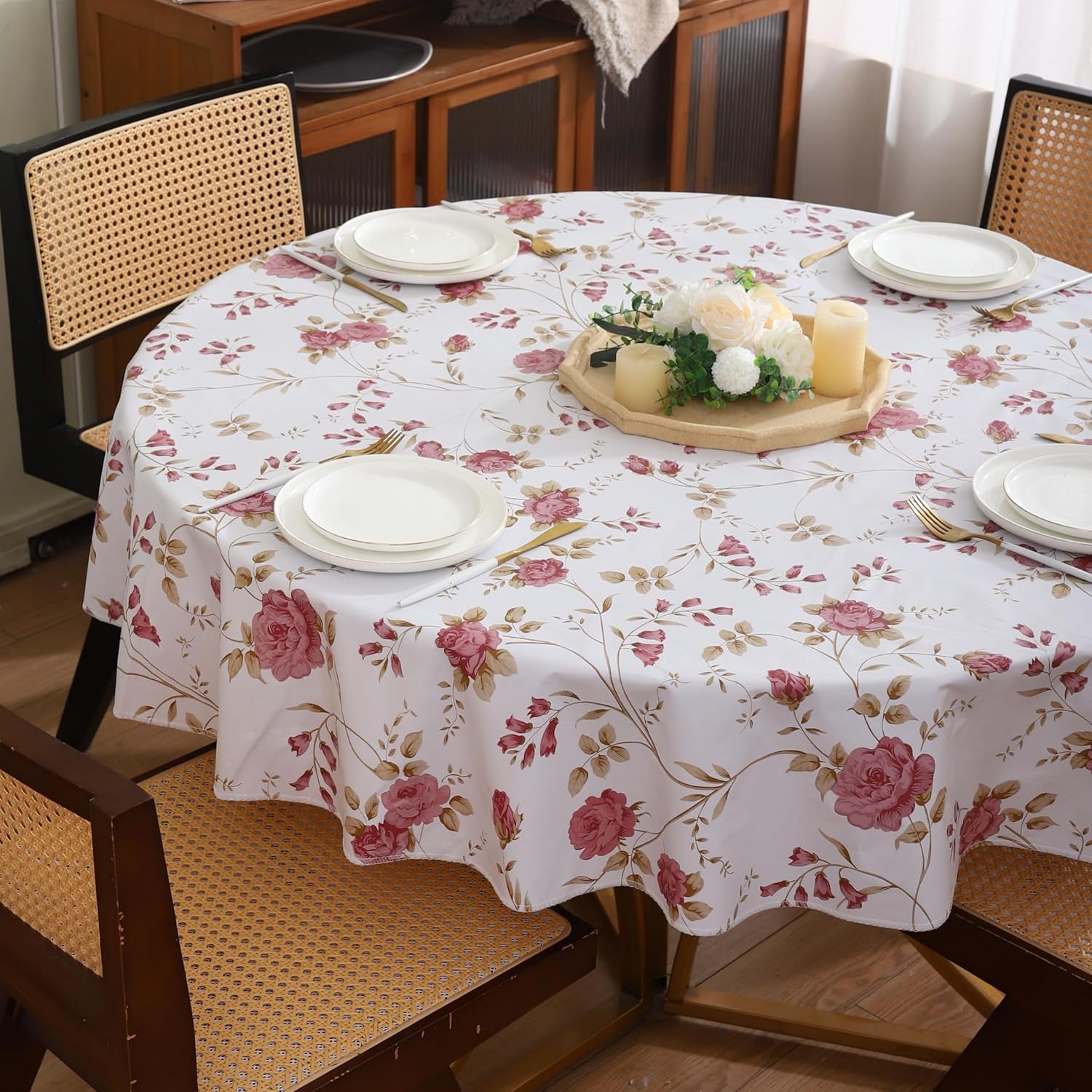 Round Vinyl Tablecloth with Flannel Backing Waterproof Oil-Proof PVC Table Cloth Stain-Resistant Wipeable Table Cover for round Table(48" Round)