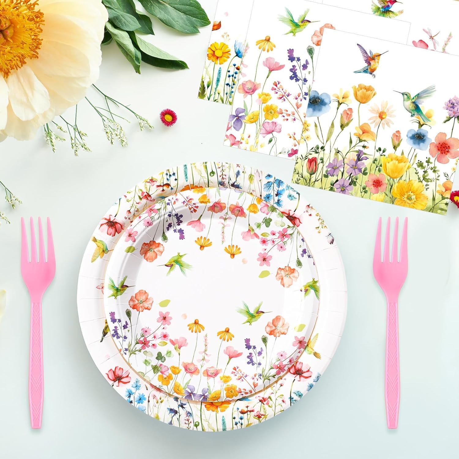 Wildflower Themed Party Supplies: 96 Disposable Paper Plates and Napkins for Baby Showers, Birthdays, and Seasonal Celebrations, Serving 24 Guests