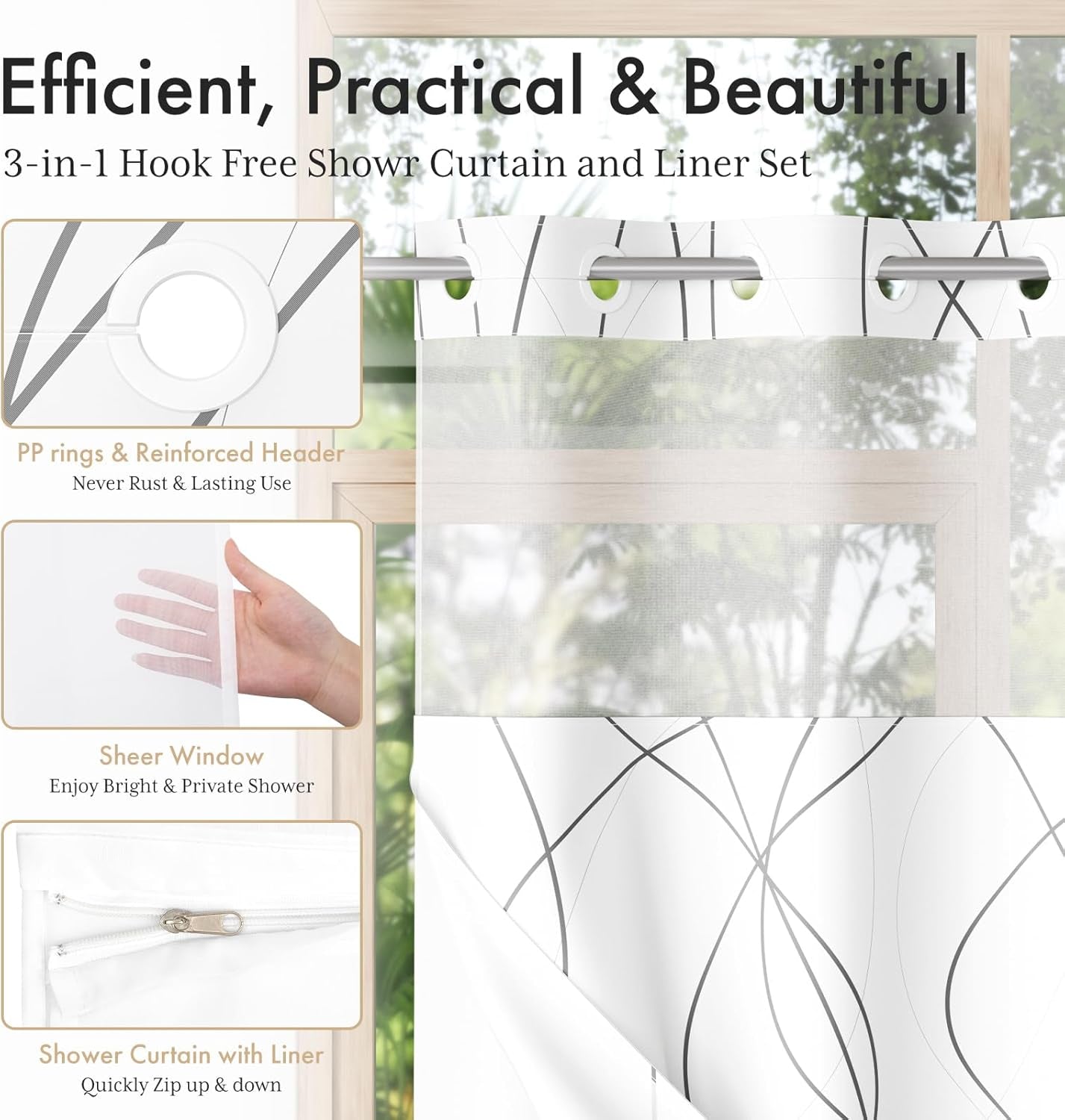 No Hook Shower Curtain and Liner Set, Shower Curtain with Liner and Hooks Built-In Less Time, Heavy Duty Double Waterproof Farmhouse Shower Curtain Set for Bathroom, Grey, 74"X72"