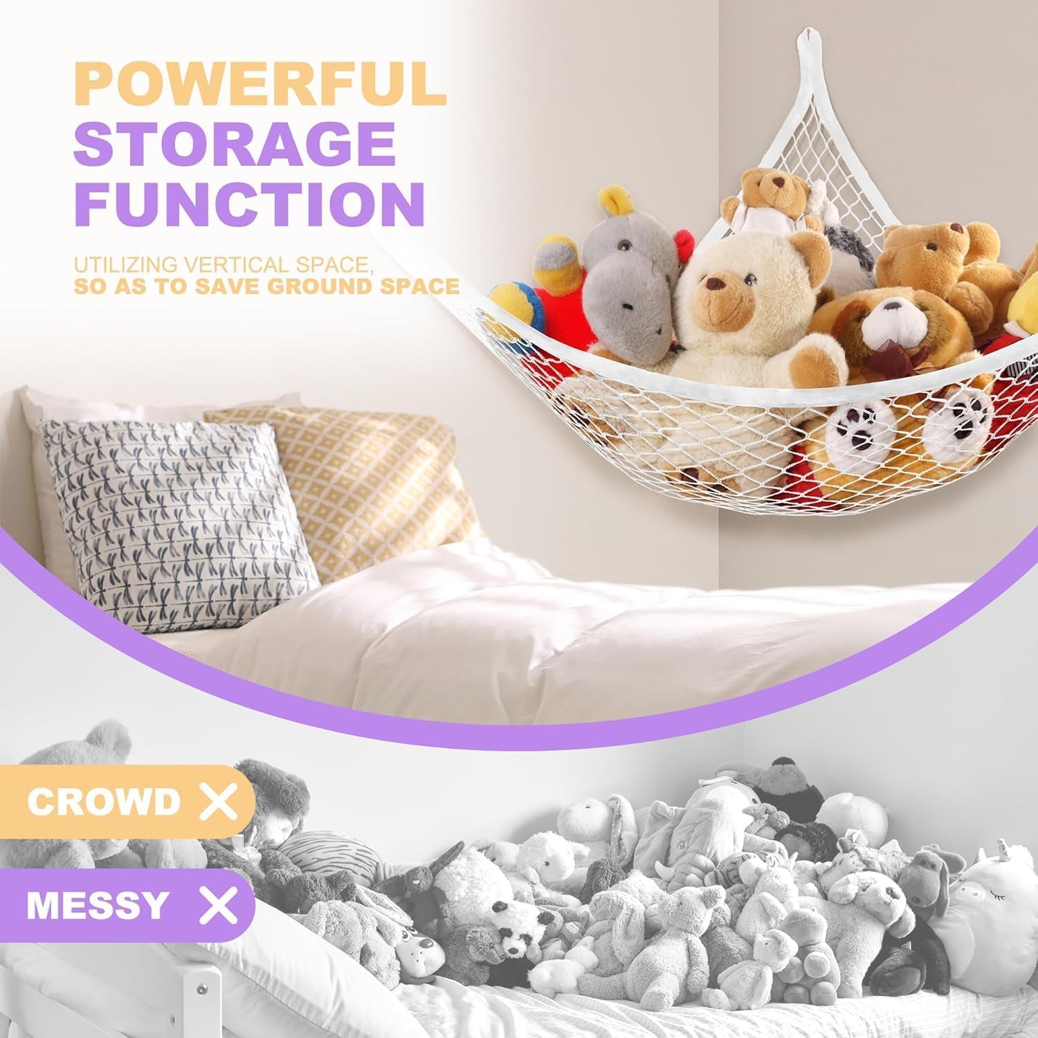 Stuffed Animal Net Hammock for Plushie Toys, Stuffed Animal Hammock Corner for Kids' Room Decor, Ideas for Organizing Stuffy Collection, 1 Pack, White
