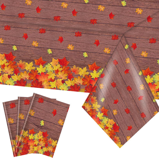 3 Pack Fall Wood Grain Maple Leaves Tablecloth 54 X 108 Inch Thanksgiving Party Tablecovers Disposable Waterproof Plastic Autumn Harvest Theme Table Cloth Rectangle for Dinner Home Table Decor