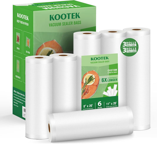 Vacuum Sealer Bags for Food, 6 Rolls for Custom Fit Food Storage, Meal Prep or Sous Vide, 8" X 20' (3 Rolls) and 11"X 20' (3 Rolls) Commercial Grade Vacuum Seal Freezer Bags Rolls