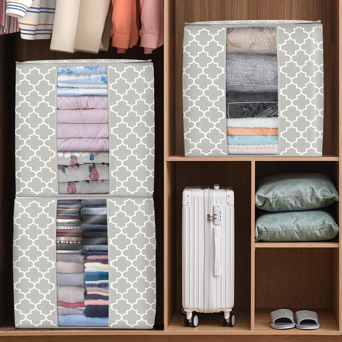 Storage Bags 2 Pack/100L Large Blanket Clothes Organization and Storage Containers for Comforters,Bedding, Foldable Organizer with Reinforced Handle, Clear Window, Sturdy Zippers,Lvory