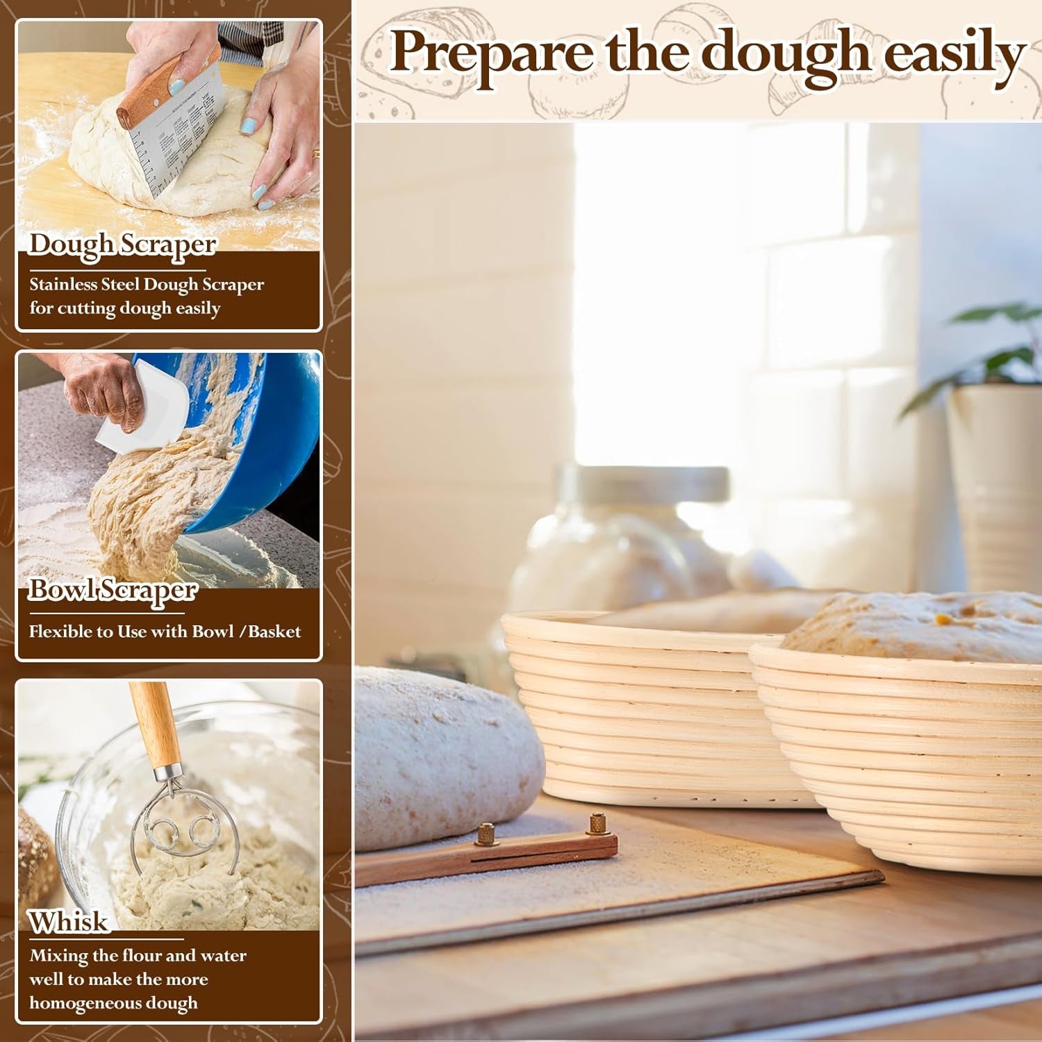 Sourdough Bread Baking Supplies, 9” round & 10” Oval Sourdough Proofing Baskets Starter Kit, Bread Making Tool Set with Cloth Liner Bread Lame Scraper Brush Dough Whisk