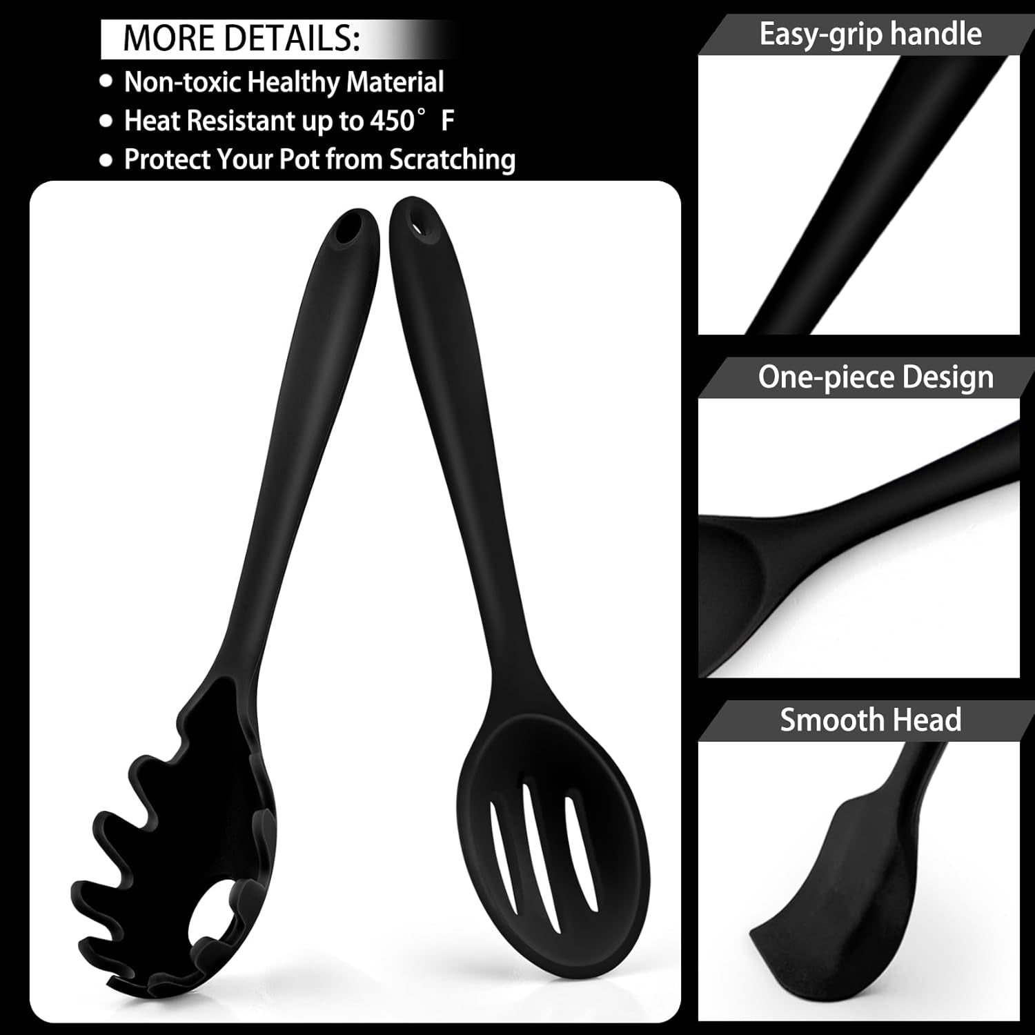 Silicone Cooking Utensils Set of 7, Heat-Proof Kitchen Utensils Set for Nonstick Cookware, Non-Stick Spatula, Slotted Turner, Soup Ladle, Pasta Server, Spoon for Cooking Serving - Black