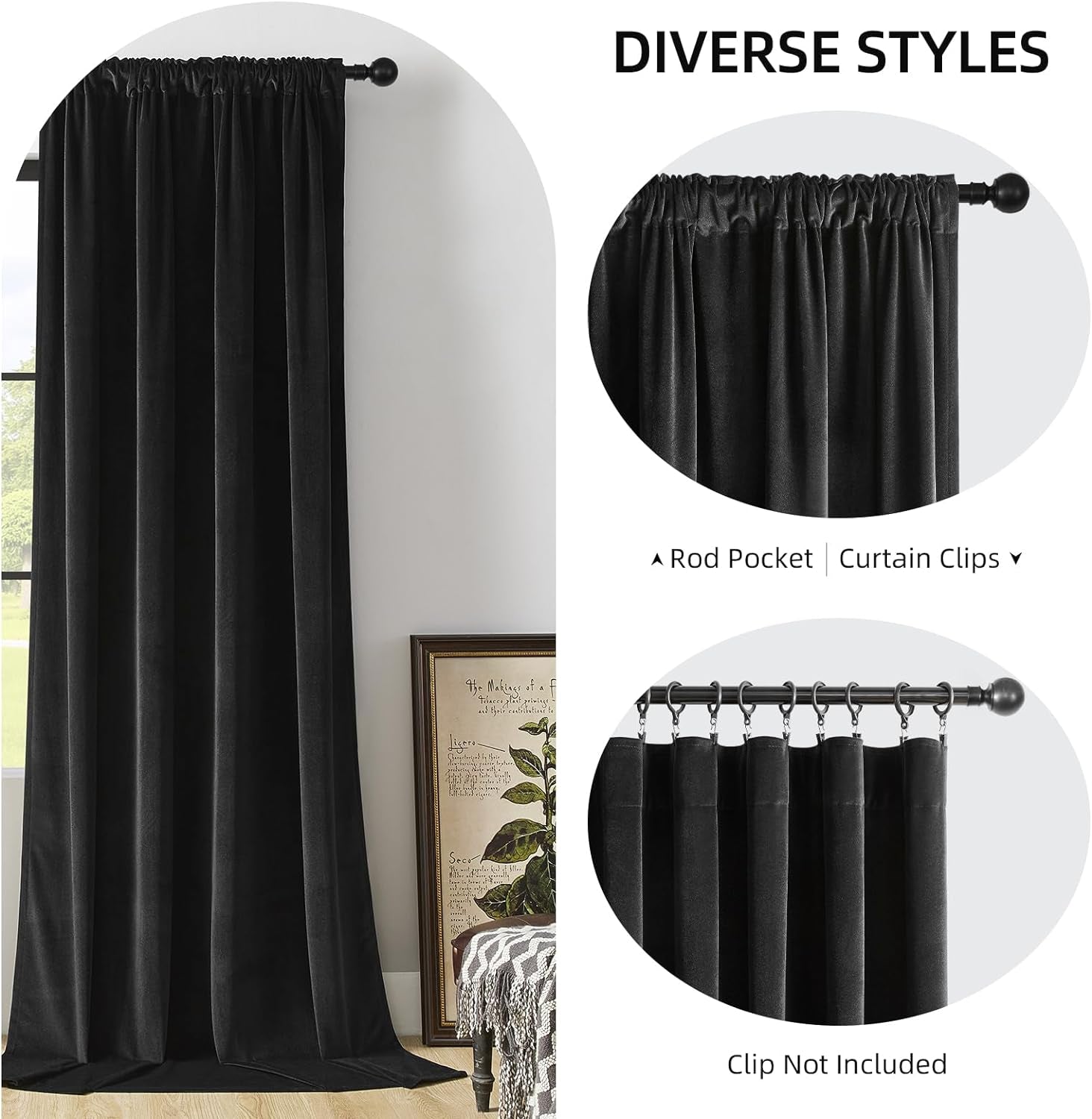 Luxury Black Velvet 90-Inch Length Blackout Curtains, Thermal Insulated Rod Pocket Drapes, Soft Room Darkening Panels for Living Room, Dining Room, and Bedroom, Set of 2, W52 x L90 Inches