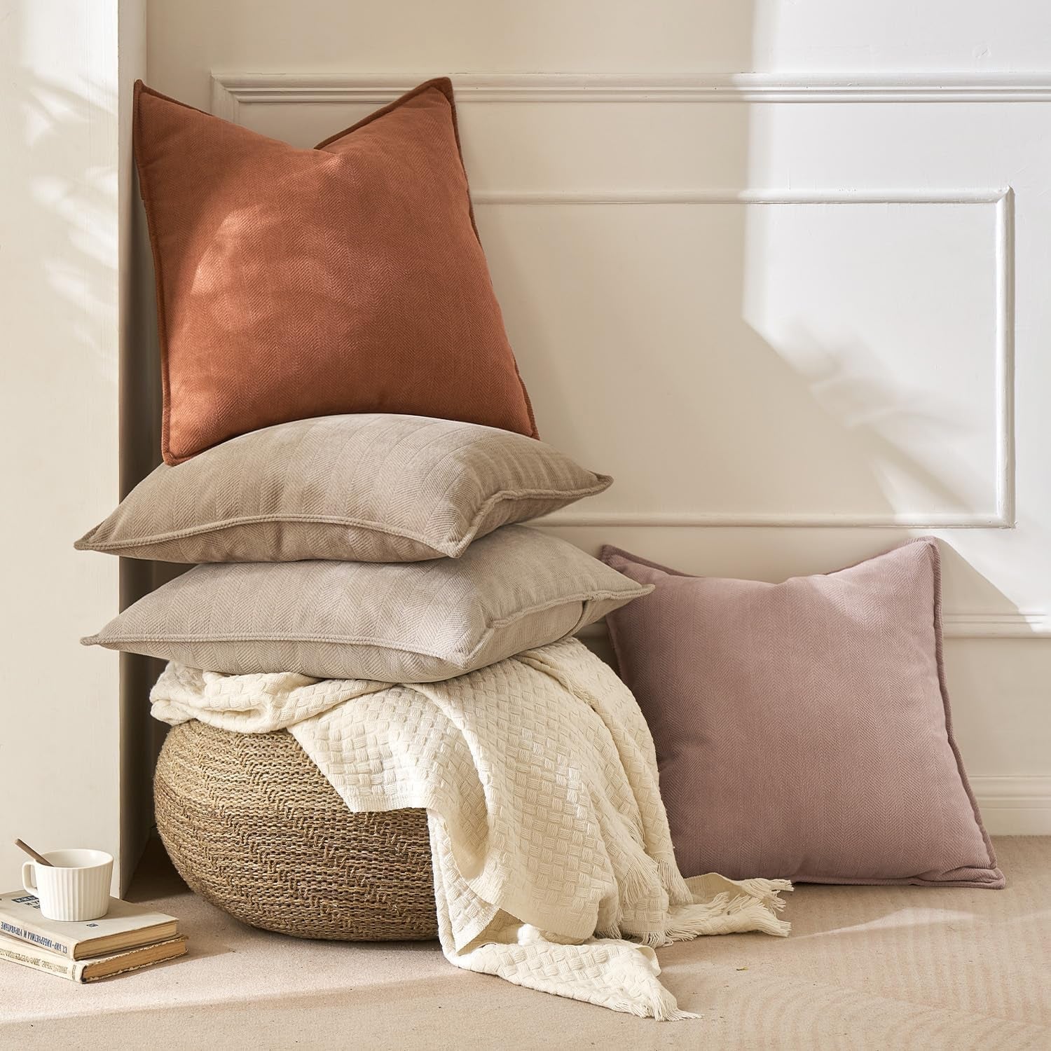 Pack of 2 Burnt Orange Decorative Pillow Covers 18X18 Inch Fall Soft Chenille Luxurious Couch Throw Pillows Farmhouse Cushion Covers with Elegant Design for Sofa Bedroom Living Room Home Decor