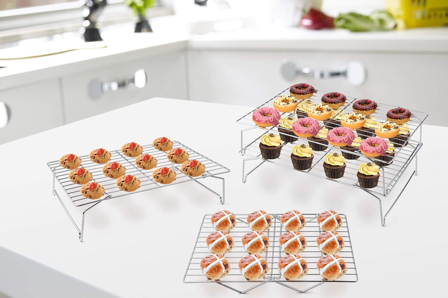 4-Tier Cooling Rack Set, Stainless Steel Stackable Baking Cooking Racks for Cooling Roasting Cooking, Raised & Folding Feet, Oven Safe & Easy Clean, 15" X 10", Silver