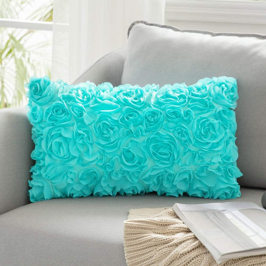 3D Decorative Romantic Valentines Stereo Chiffon Rose Flower Throw Pillow Cover Solid Pillowcase for Girl Women Wedding Sofa Bedroom Car Spring Decor 12X20 Inch 30X50Cm Aqua