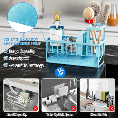 Blue Kitchen Sink Caddy Organzier with High Brush Holder, Sponge Holder for Sink, 304 Rustproof Stainless, Kitchen Countertop Soap Dispenser Organizer, Home Decor and Accessories
