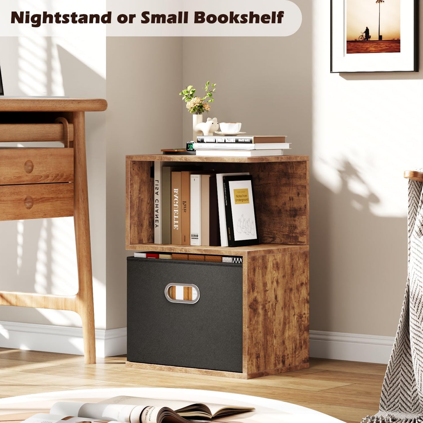 Nightstand with Charging Station and Drawer, 3 Tier End Table with Open Shelf, Wood S Shaped Bedside Table with Storage for Living Room/Bedroom/Small Space, Rustic Brown