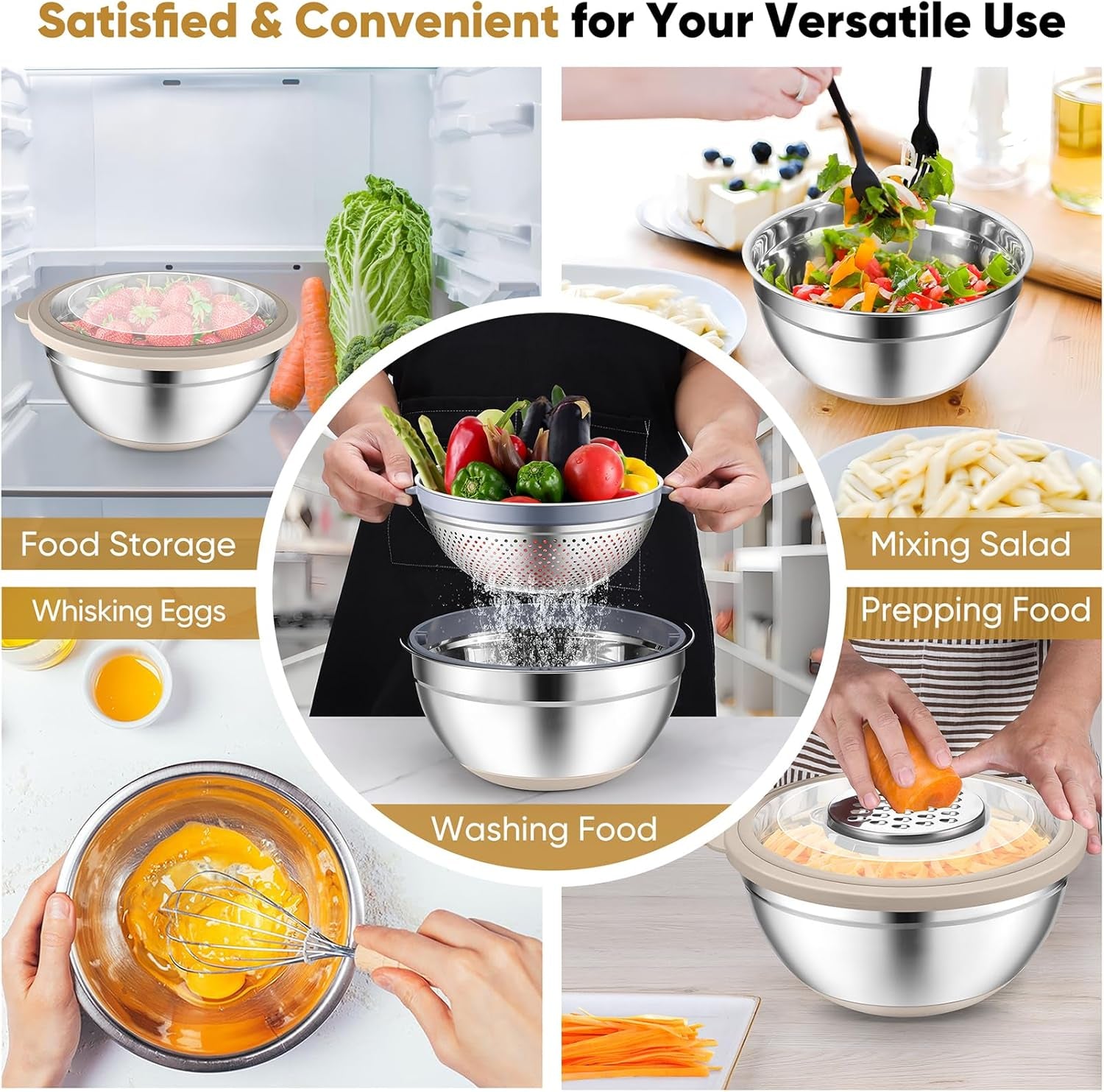 Mixing Bowls with Lids Set of 3, Stainless Steel Mixing Bowl and Colander for Kitchen, 3 Grater Attachments & Non-Slip Bottoms, Visible & Airtight Lid, Khaki