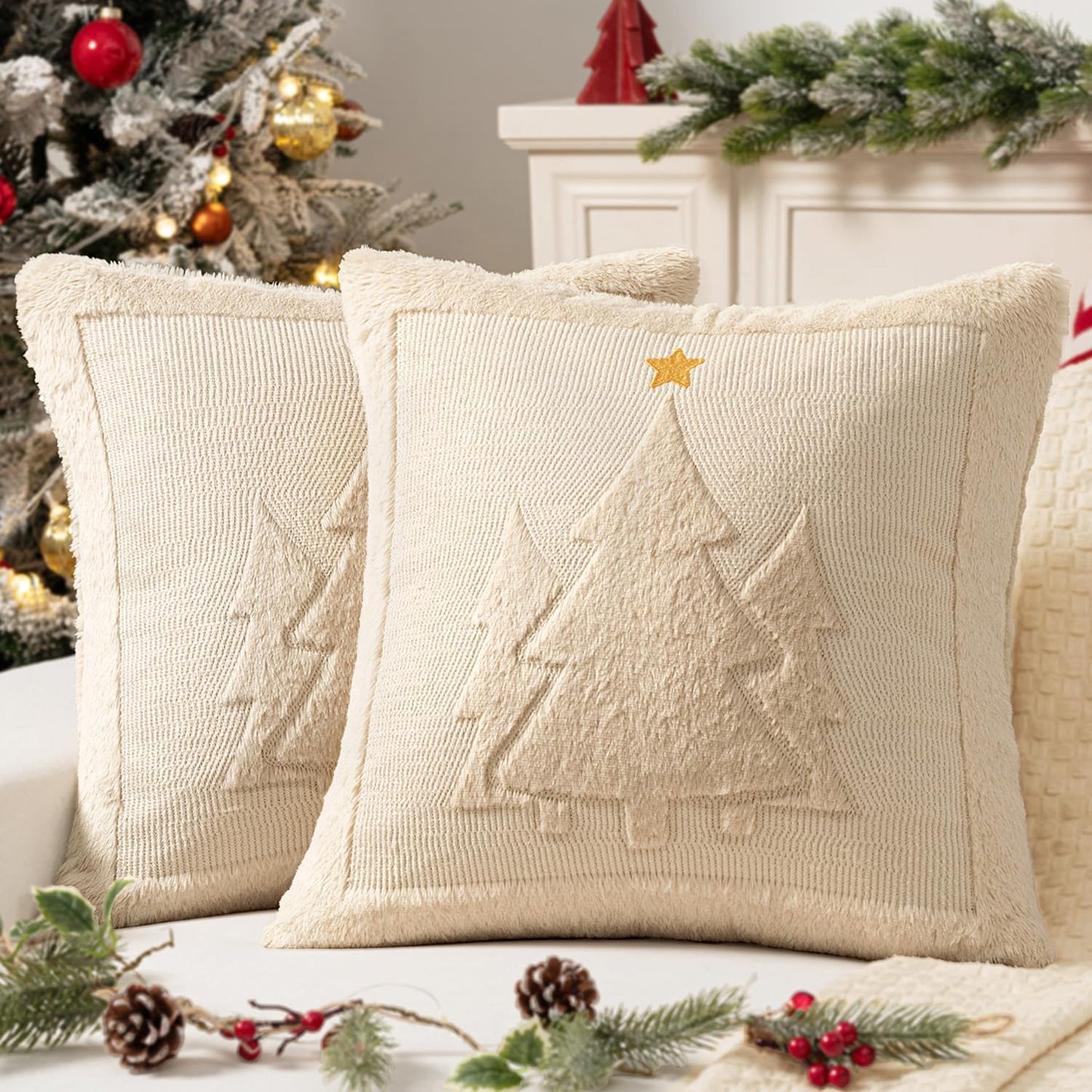 Christmas Trees Pillow Covers Set of 2 Decorative Soft Throw Pillows Plush Faux Fur Wool Embroidered Couch Cushion for Holiday Winter Home Decor Chair Sofa Bedroom Living Room,Beige 18X18Inch