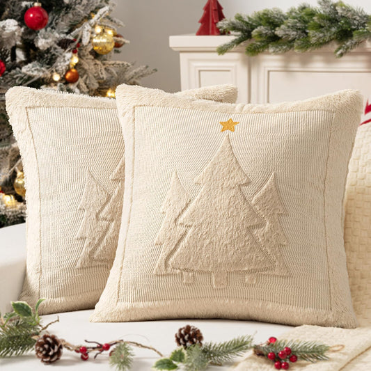 Christmas Trees Pillow Covers Set of 2 Decorative Soft Throw Pillows Plush Faux Fur Wool Embroidered Couch Cushion for Holiday Winter Home Decor Chair Sofa Bedroom Living Room,Beige 18X18Inch
