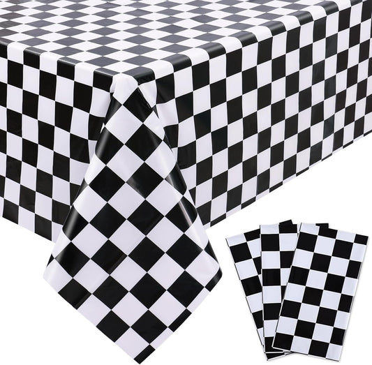 3 Packs Black and White Checkered Tablecloths 54 X 108 Inches Disposable Plastic Checkered Flag Racing Table Cover Waterproof Rectangle Race Car Table Cloth for Picnic Party Retro Celebration