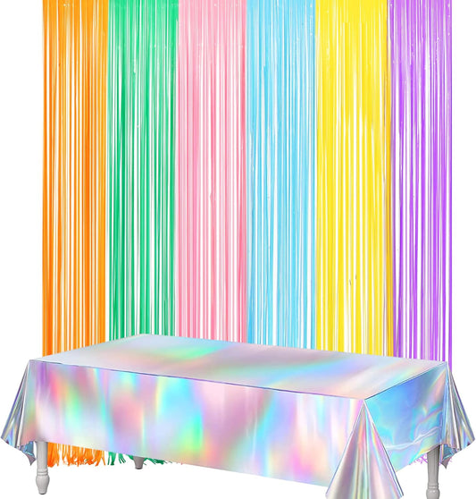 Pastel Foil Fringe Curtains 2 Packs and Iridescent Party Table Cloths 2 Packs for Party Backdrop Decorations