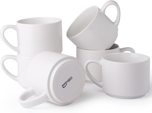14 oz Stackable Ceramic Coffee Mug Set of 6, Modern Design for Latte, Tea, and Cappuccino, Dishwasher and Microwave Safe, Matte White Finish
