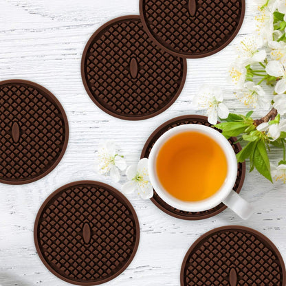 Silicone Coasters [6 Pack] Thickened Drink Coasters with Holder - Cup Mat - Non-Slip, Non-Stick, Stay Put, Deep Tray - Prevents Furniture and Tabletop Damages(Coffee)