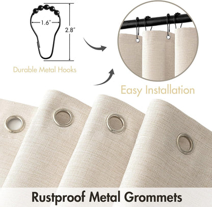 Linen Shower Curtain Set with 12 Metal Hooks - Modern Heavy-Duty Washable Beige Fabric, Waterproof and Durable, 72"x72", Cream