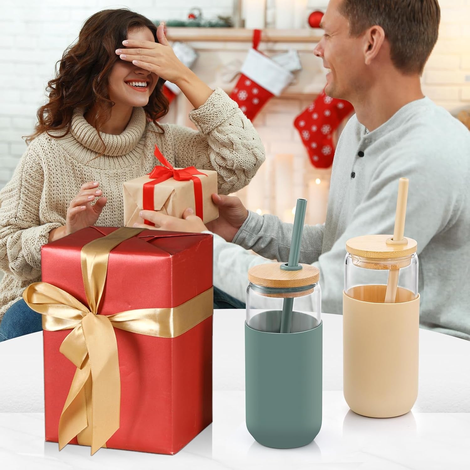 20 OZ Glass Cups with Bamboo Lids and Straws - Beer Can Drinking Glasses with Silicone Protective Sleeve Set, Iced Coffee Glasses, Cute Tumbler Cup for Water, Tea, Gift - Cambridge Blue, Amber