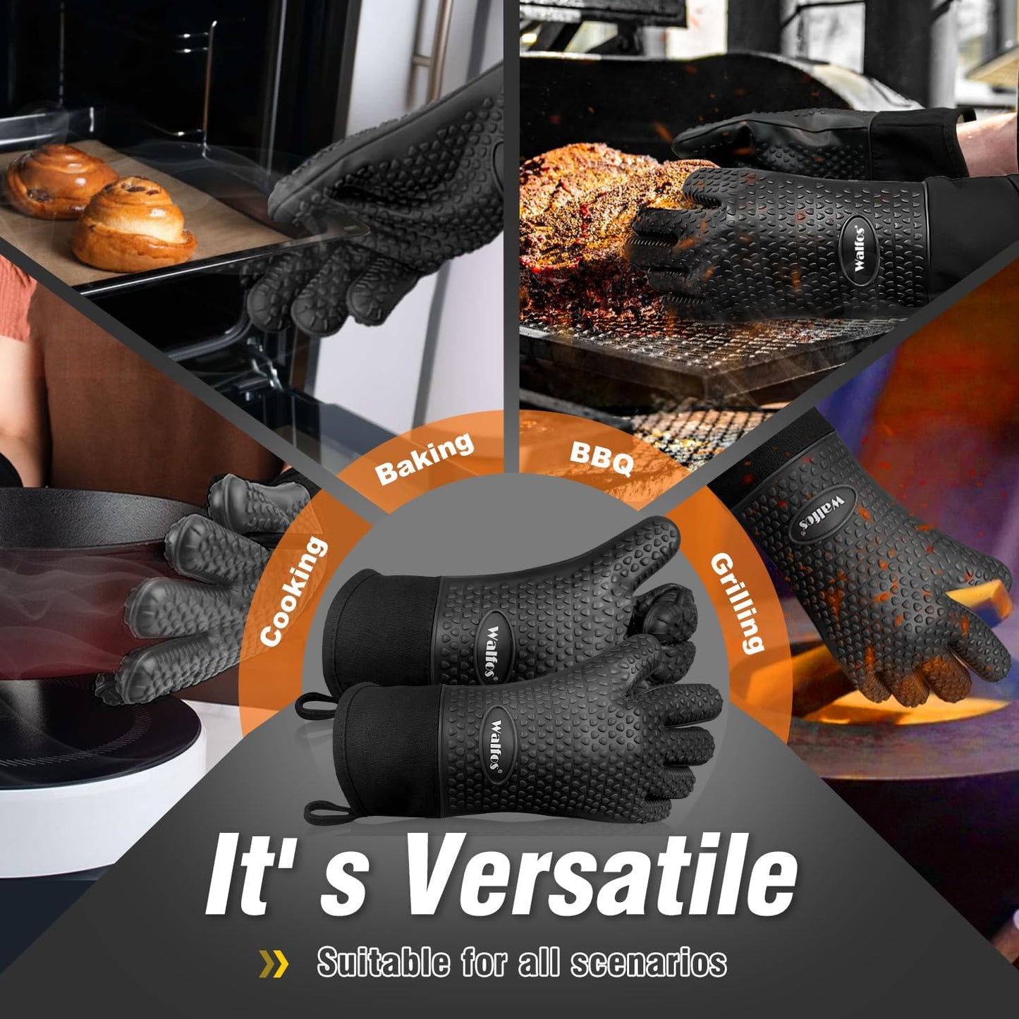 Silicone BBQ Gloves - Heat Resistant Grilling Gloves, Premium Non-Slip Kitchen Silicone Oven Mitt with Protective Cotton Layer Inside, Waterproof, Great for Grilling, Kitchen and Cooking, Black