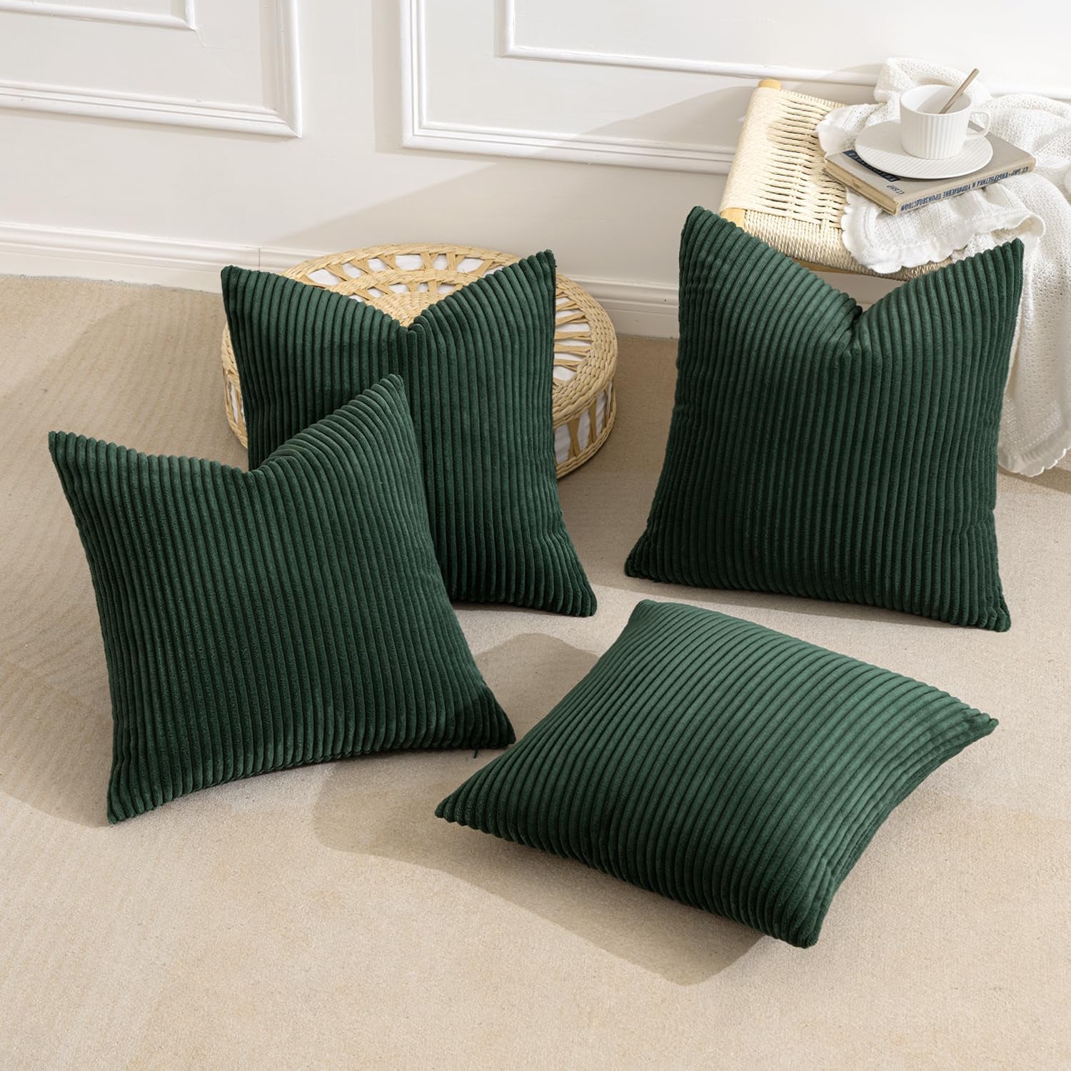 Boho Farmhouse Throw Pillow Covers 18X18 Inch Set of 4 Mordern Nordic Cushion Covers Soft Corduroy Christmas Home Decor for Couch Bed Sofa Living Room Army Green