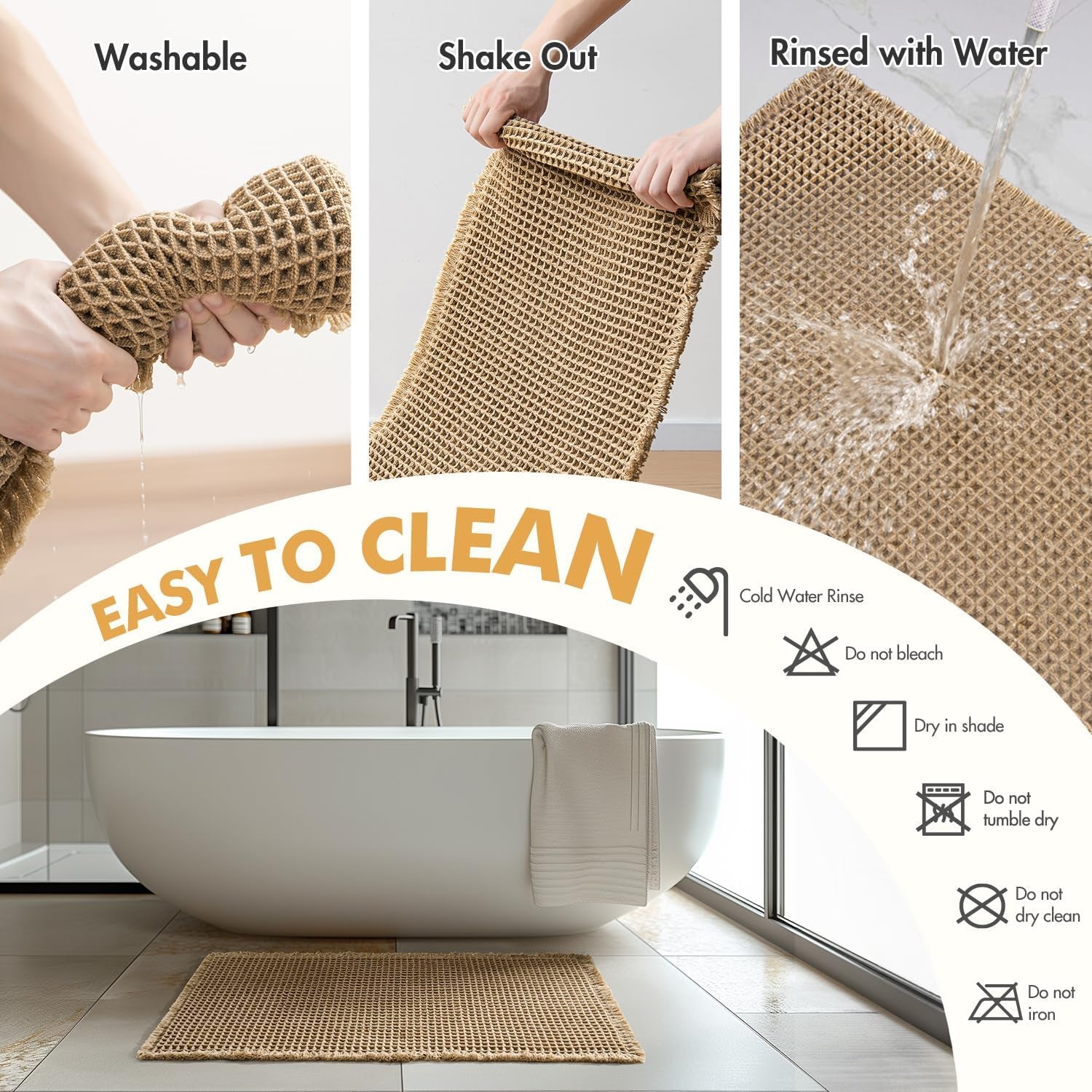 Set of 2 Non-Slip Waffle Bath Rugs, Washable and Super Absorbent Mats with Ultra Soft Rubber Backing, Brown, 18x30 Inches