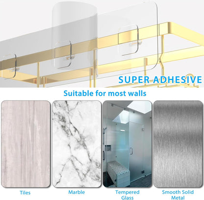 3-Pack Shower Caddy Basket Shelf with Soap Holder, No Drilling Traceless Adhesive Shower Wall Shelves, Rustproof Gold Bathroom Shower Storage Organizer