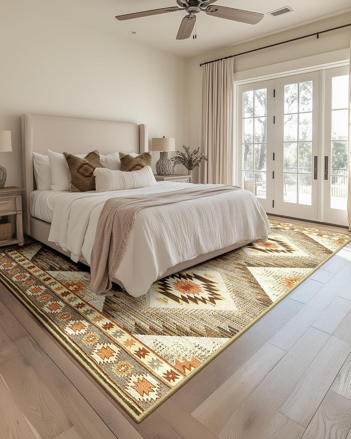 Area Rug 5X7 Rug Machine Washable Non-Slip Low Pile Print Pattern Western Rug for Living Room Bedroom Entryway Tribal Series -Cream/Camel