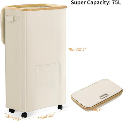Laundry Basket with Wheels, Dirty Clothes Hamper on Wheels, Rolling Tall Laundry Hamper with Lid for Laundry Room, Dorm and Bathroom, 75L Beige