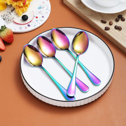 Set of 4 Rainbow Teaspoons, 6.5" Stainless Steel with Titanium Plating, Multi-Color Dessert Spoons, Easy to Clean and Dishwasher Safe