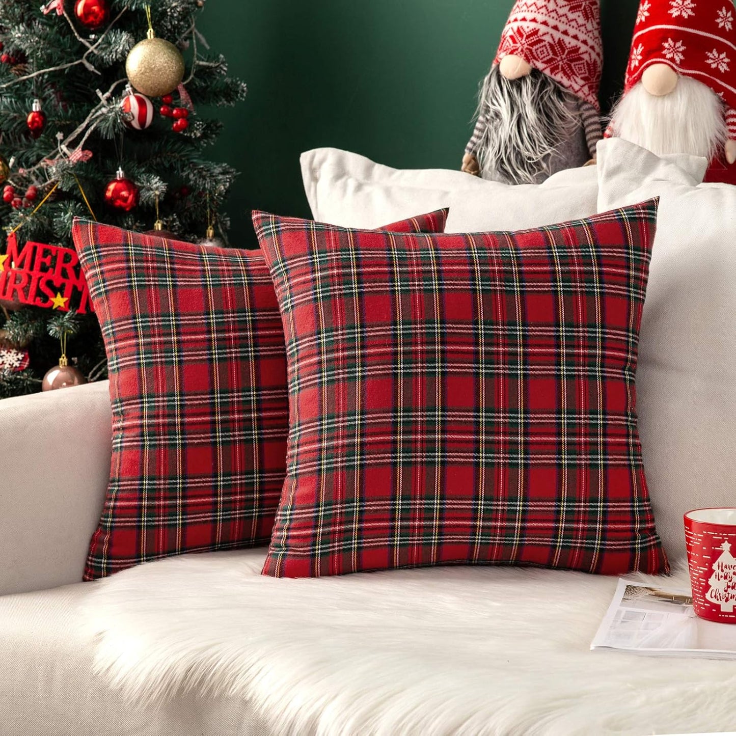 Christmas Set of 2 Scottish Tartan Plaid Throw Pillow Covers Farmhouse Classic Decorative Outdoor Square Cushion Cases for Home Decor Sofa Couch 18X18 Inch, Red