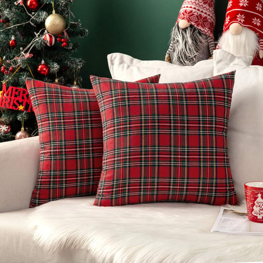 Christmas Set of 2 Scottish Tartan Plaid Throw Pillow Covers Farmhouse Classic Decorative Outdoor Square Cushion Cases for Home Decor Sofa Couch 18X18 Inch, Red