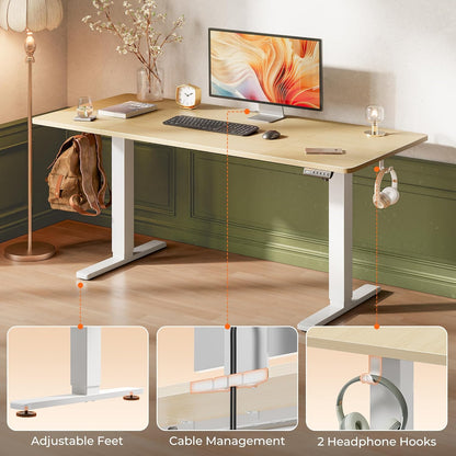63" x 28" Electric Height Adjustable Standing Desk, 27.6" Deep Desktop, Gaming Office Table with Dual Hooks and Three Preset Heights, Oak Finish for Home Office