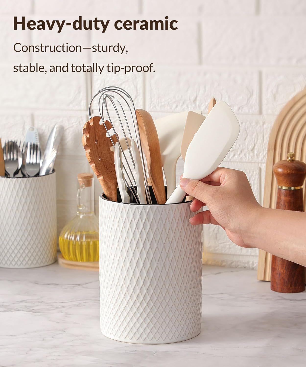 Utensil Holder 7.5+6In, Extra Large Stable Ceramic Embossed Dishwasher Safe Kitchen Utensils Holder, Ideal for Counter, Cooking Spatula Crock Organizer, Set of 2 (White Diamond Check)