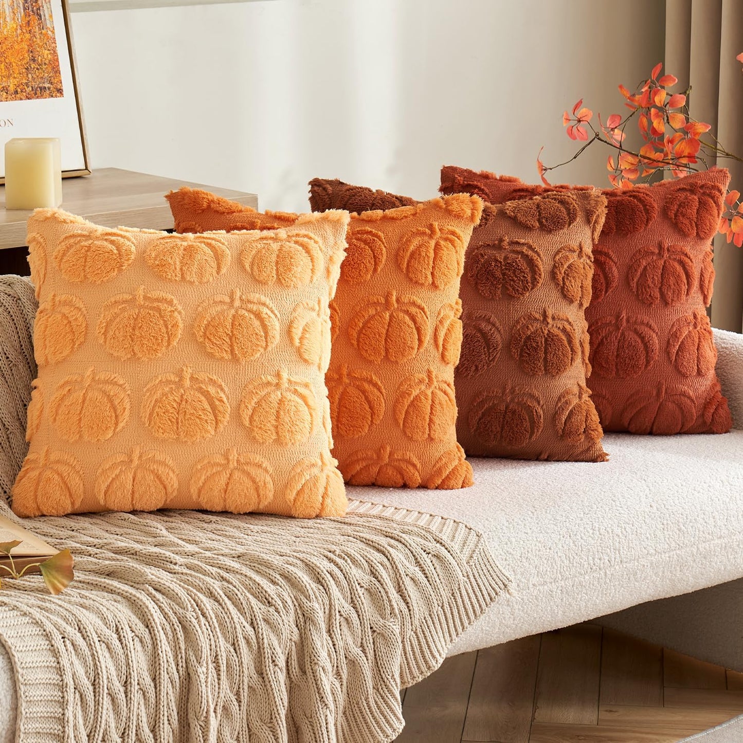 Fall Throw Pillow Covers 18X18 Set of 2 Autumn Decorations Pumpkin Accent Pillowcase for Outdoor Porch Sofa Couch Bed Living Room Plush Faux Fur Halloween Farmhouse Home Decor