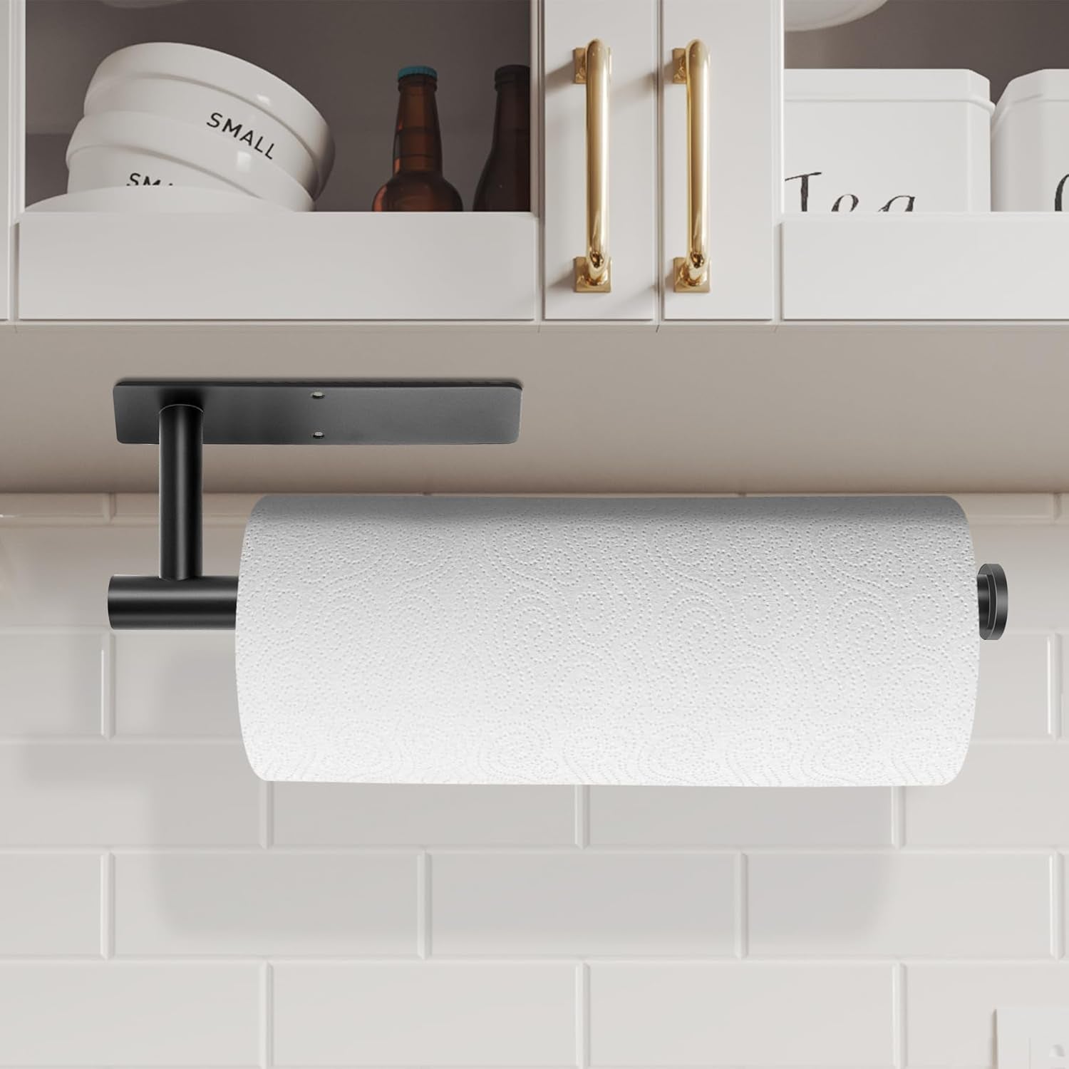 Under Cabinet Paper Towel Holder, Stainless Steel Adhesive or Drill Mount Paper Towel Holder, Wall Mount Paper Towel Holders for Kitchen or Bathroom Black（2 Pack）