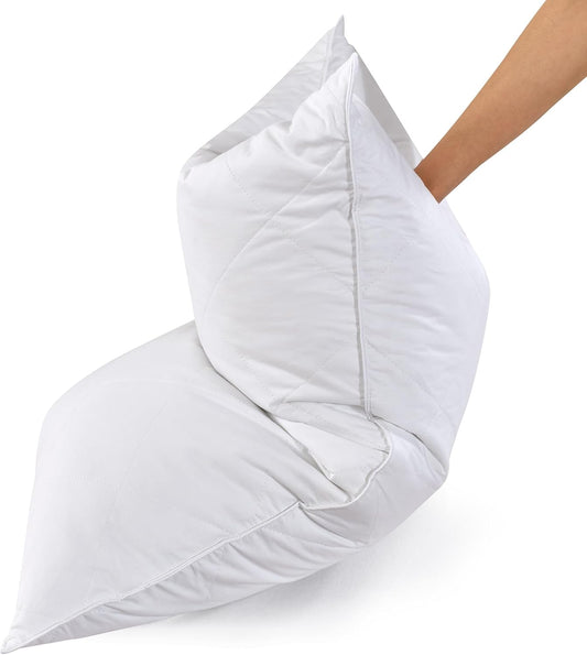Queen/Standard Size White Goose Feather Bed Pillows Set of 2 - Soft 600 Thread Count 100% Cotton, Medium Firm with Soft Support Surround Fill Polyfiber, White Solid