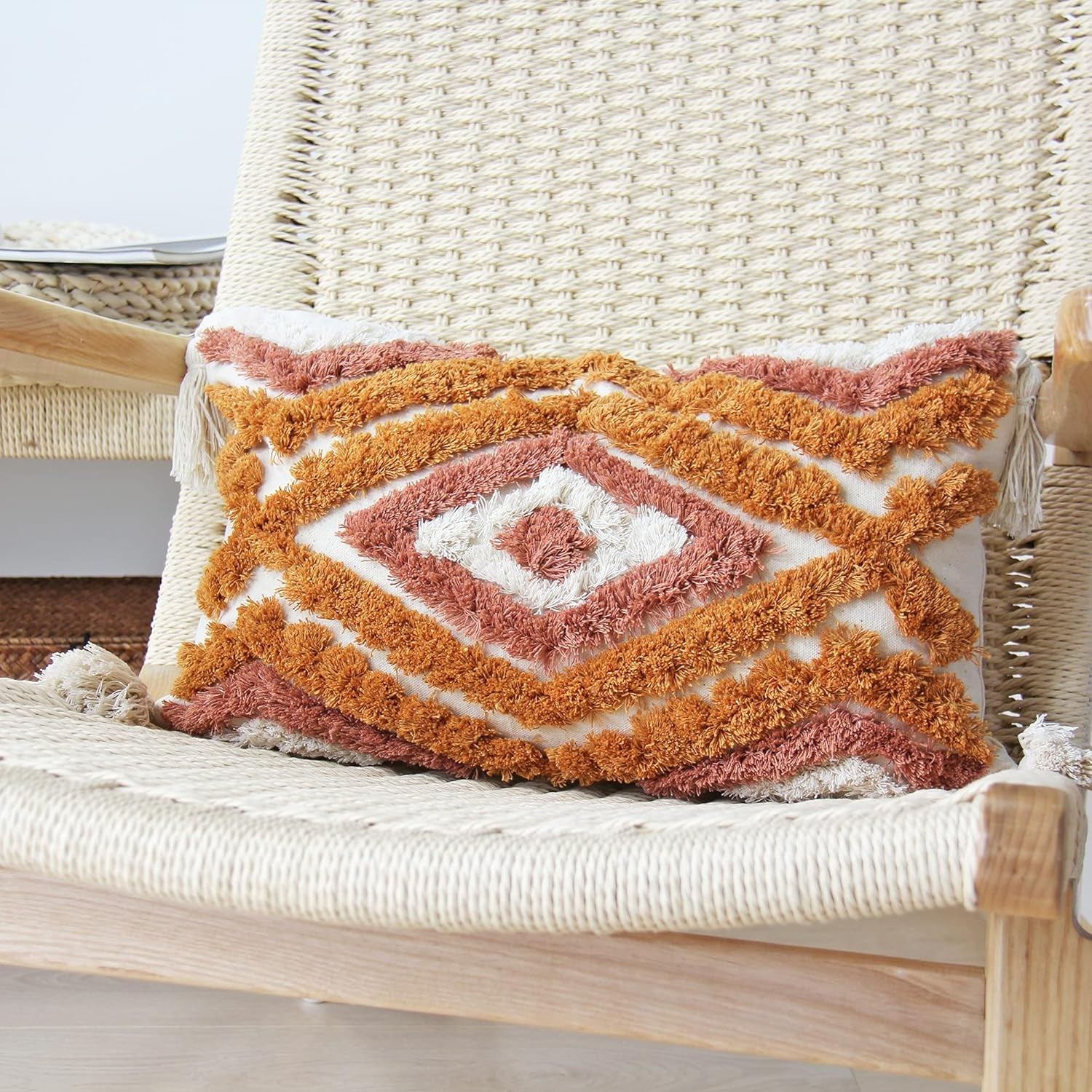Boho Lumbar Throw Pillow Covers with Handmade Tassels Decorative Woven Tufted Orange Lumbar Pillowcase for Couch Bedroom 12 X 20 Inch