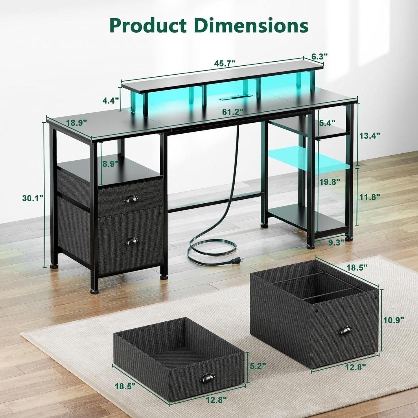 61" Gaming Desk with Power Outlets & LED Lights, Reversible Computer Desk with File Cabinet & Monitor Stand for Home Office, Large Work Table with Storage Shelves & Drawer, Black