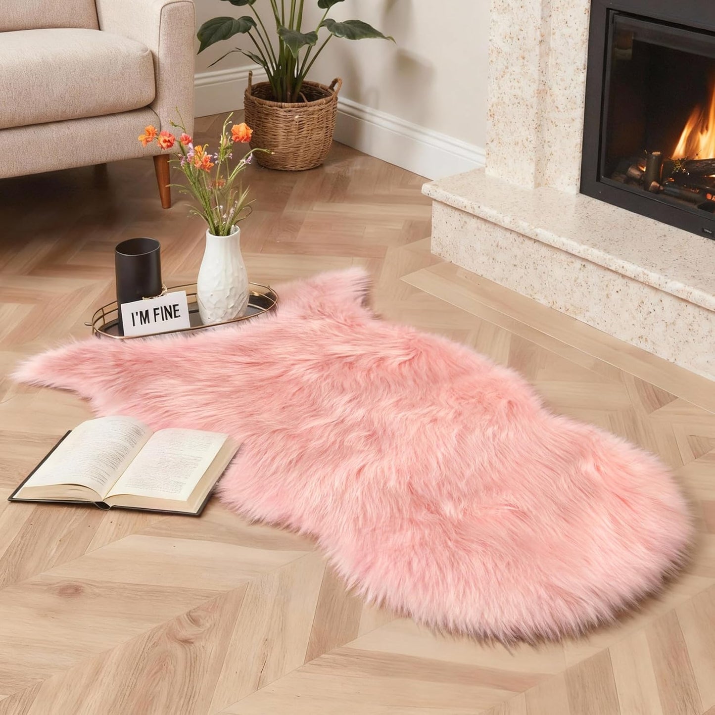 2X3 Fluffy Faux Fur Rug, Ultra Soft Shaggy Sheepskin Rug, High Pile Suede Backed Plush Area Rugs for Bedroom Living Room Indoor Floor Chair Cover Sofa, Pink