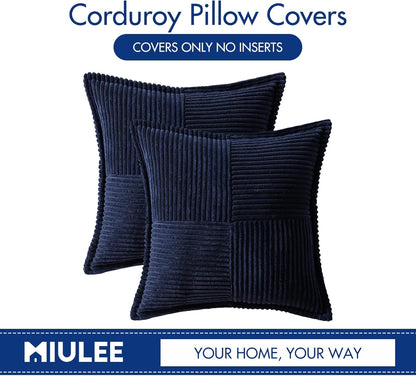 Decorative Throw Pillow Covers for Couch Bed Livingroom 18X18 Inch Set of 2 Navy Blue Boho Accent Throw Pllows Broadside Striped Patchwork Soft Corduroy Summer Coastal Pillowcases