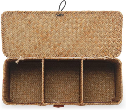 Seagrass Tank Basket with Lid Woven Toilet Roll Storage Basket with Sections Rectangular for Organize Snack Toys Tampon (Large Compartment 16.5Inch L X 5.5Inch W X 5.5Inch H) Natural