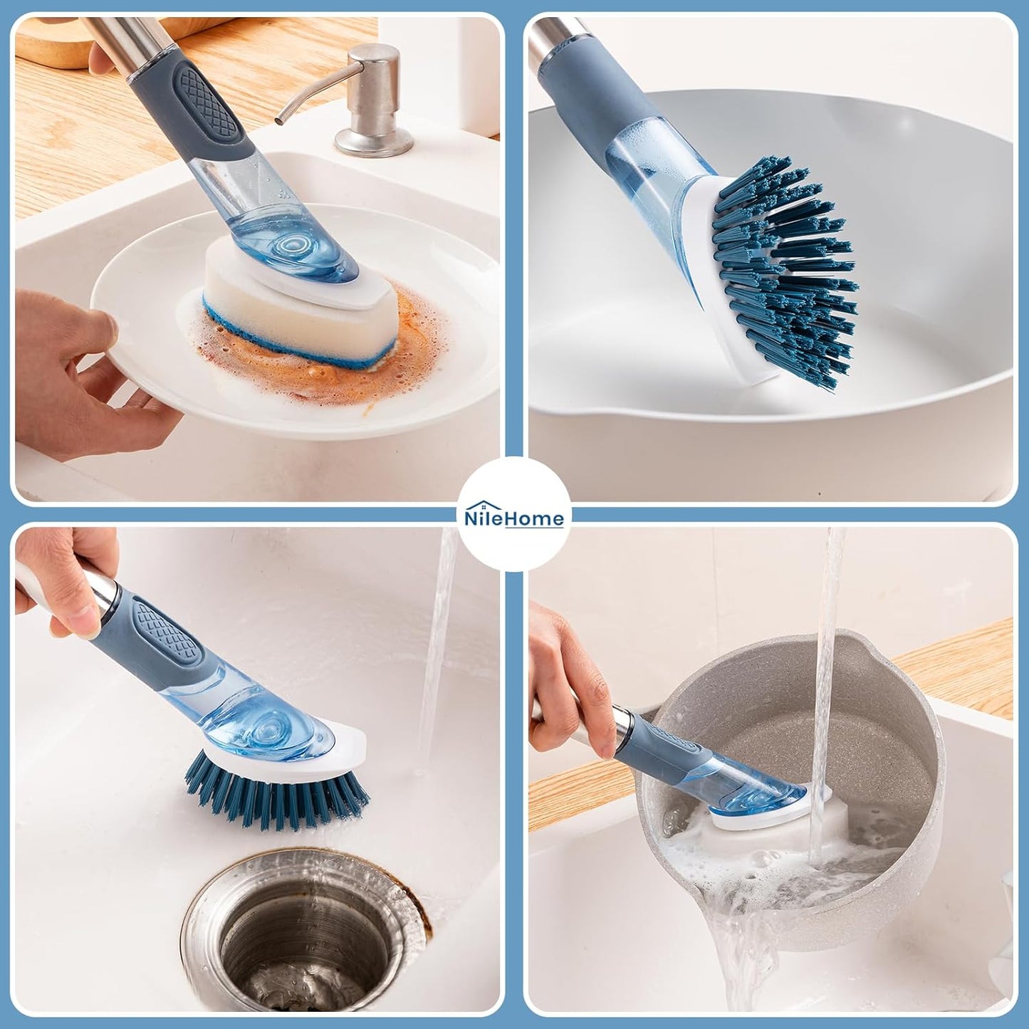 Dish Brush with Soap Dispenser Dish Scrubber with 4 Replaceable Heads Kitchen Dish Scrub Brush with Stainless Steel Handle Dish Cleaning Brush Dish Wand for Dishes, Pots…