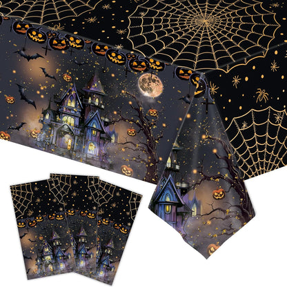 3 Packs Black Halloween Tablecloth 54 X 108 Inches Scary Castle Ghost Pumpkin Table Cloth Disposable Waterproof Plastic Bat Gold Spider Web Table Cover Trick or Treat for Halloween Party Dining