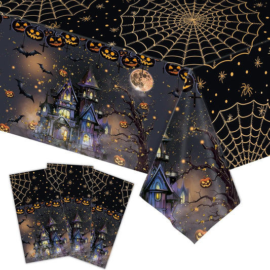 3 Packs Black Halloween Tablecloth 54 X 108 Inches Scary Castle Ghost Pumpkin Table Cloth Disposable Waterproof Plastic Bat Gold Spider Web Table Cover Trick or Treat for Halloween Party Dining