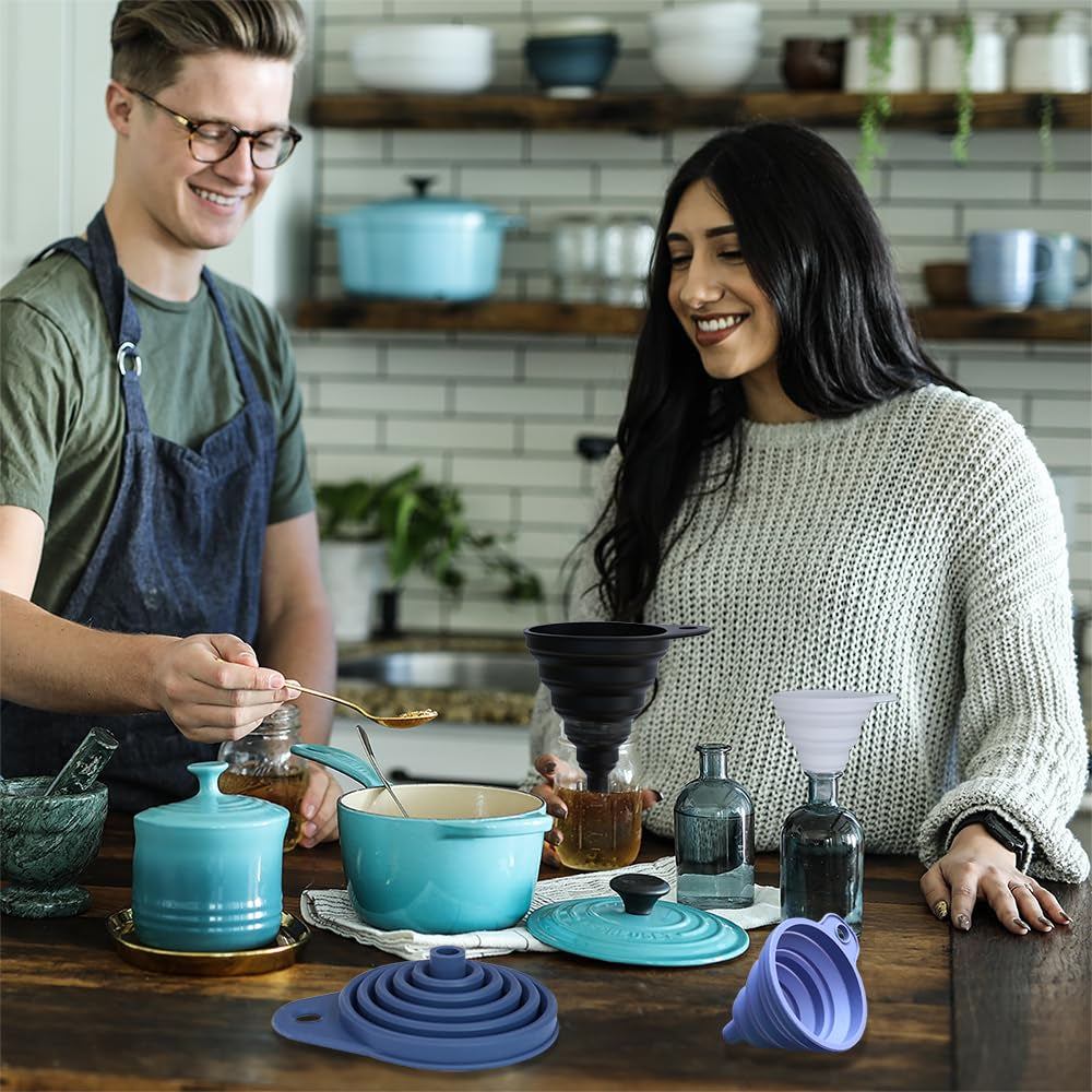 Funnels for Kitchen Use Set of 4, Silicone Collapsible Funnels for Filling Bottles, Food Grade Funnel for Liquid Powder Transfer, Foldable Kitchen Utensils