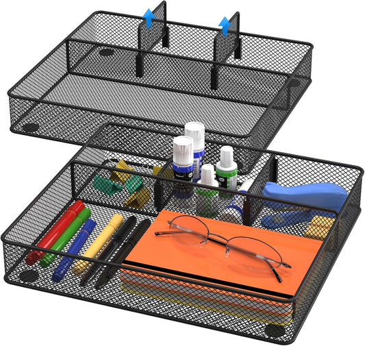 Desk Drawer Organizer Tray, Metal Mesh Drawer Organizers Office, 4 Grid with Adjustable Compartment, Desk Organizer Tray for Home Office 12X10.6X1.9 Inch Black, 2 Pack