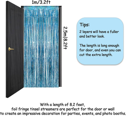 Blue Tinsel Curtain Party Backdrop and Holographic Banner for Frozen Decorations
