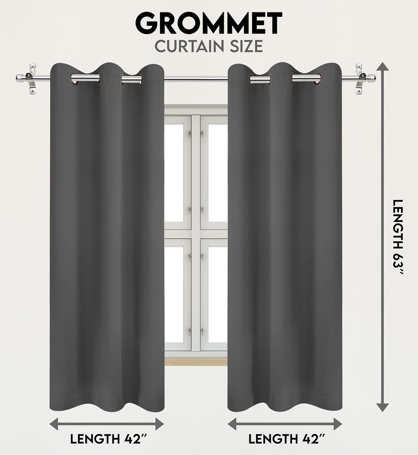 Blackout Curtains for Bedroom, Grommet Window Curtains 63 Inch Length 2 Panels Thermal Insulated Drapes for Living Room (Grey, 42W X 63L Inches)